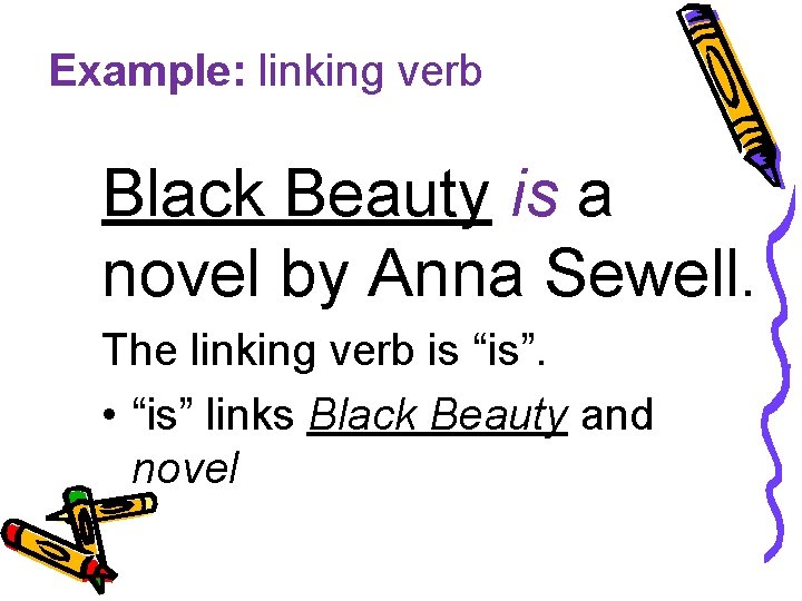 Example: linking verb Black Beauty is a novel by Anna Sewell. The linking verb Example: linking verb Black Beauty is a novel by Anna Sewell. The linking verb