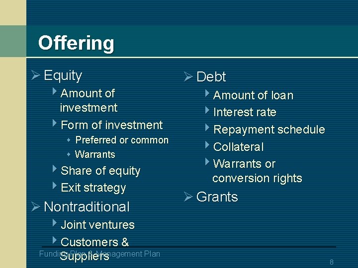 Offering Ø Equity 4 Amount of investment 4 Form of investment s Preferred or