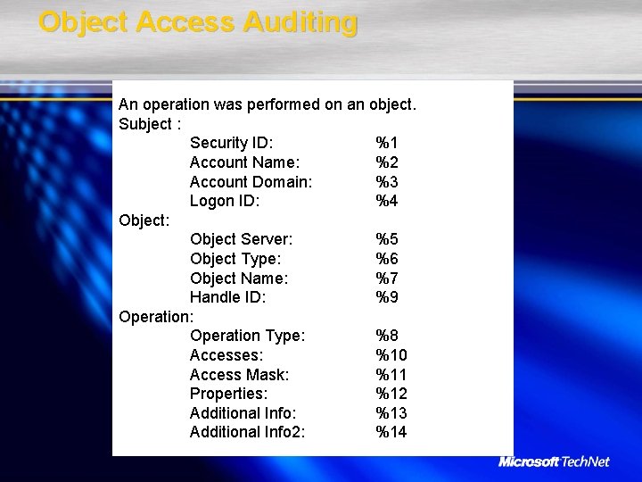 Object Access Auditing An operation was performed on an object. Subject : Security ID: