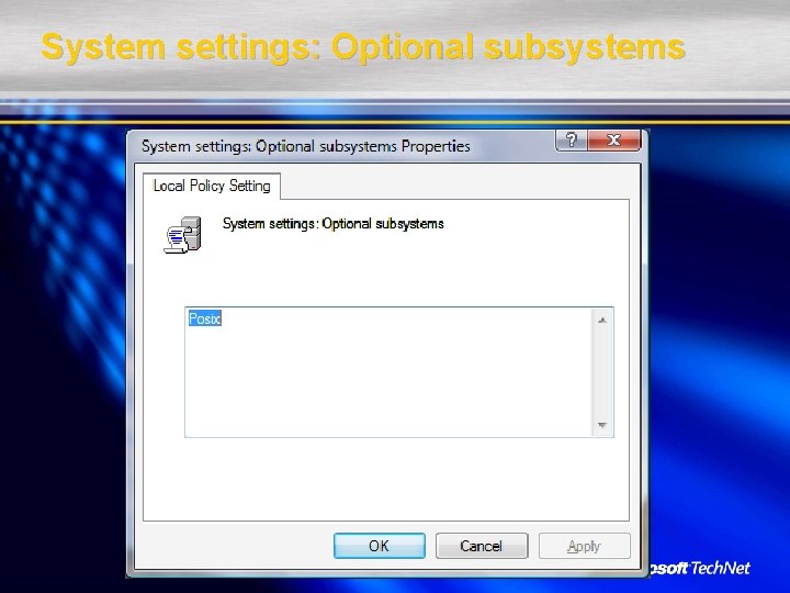 System settings: Optional subsystems 