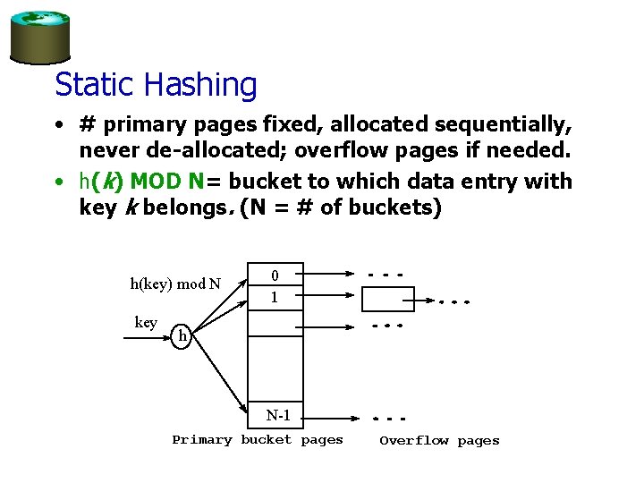 Static Hashing • # primary pages fixed, allocated sequentially, never de-allocated; overflow pages if