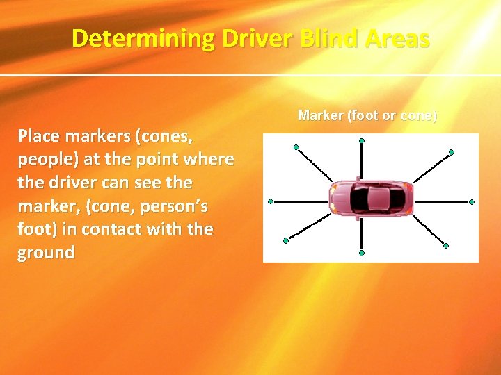 Determining Driver Blind Areas Place markers (cones, people) at the point where the driver