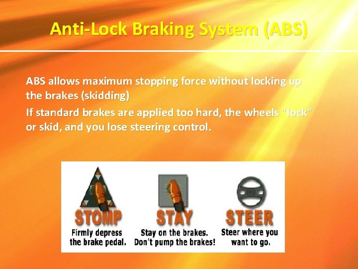 Anti-Lock Braking System (ABS) ABS allows maximum stopping force without locking up the brakes