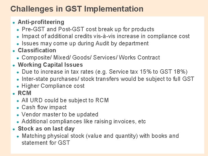 Challenges in GST Implementation Anti-profiteering ● Pre-GST and Post-GST cost break up for products