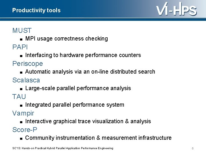 Productivity tools MUST ■ MPI usage correctness checking PAPI ■ Interfacing to hardware performance