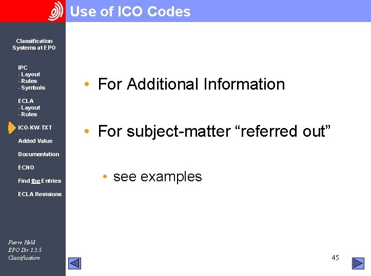 Use of ICO Codes Classification Systems at EPO IPC - Layout - Rules -