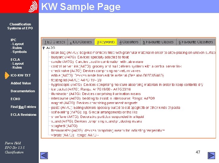 KW Sample Page Classification Systems at EPO IPC - Layout - Rules - Symbols