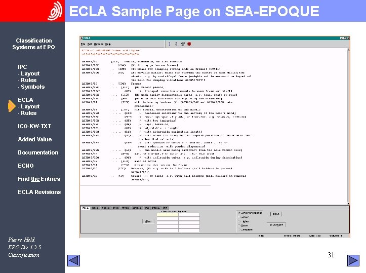 ECLA Sample Page on SEA-EPOQUE Classification Systems at EPO IPC - Layout - Rules