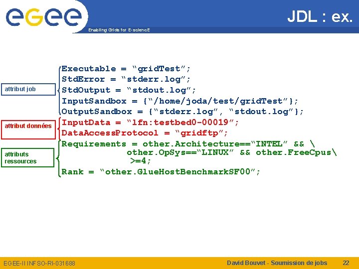 JDL : ex. Enabling Grids for E-scienc. E attribut job attribut données attributs ressources