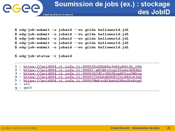 Soumission de jobs (ex. ) : stockage des Job. ID Enabling Grids for E-scienc.