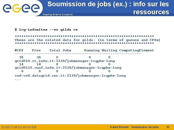 Soumission de jobs (ex. ) : info sur les ressources Enabling Grids for E-scienc.
