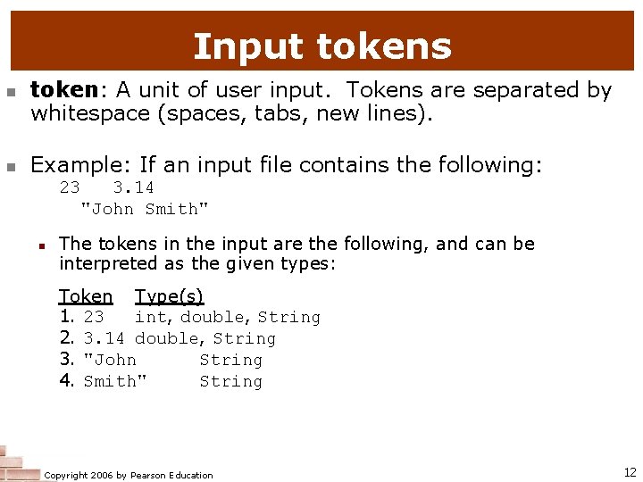 Input tokens n n token: A unit of user input. Tokens are separated by