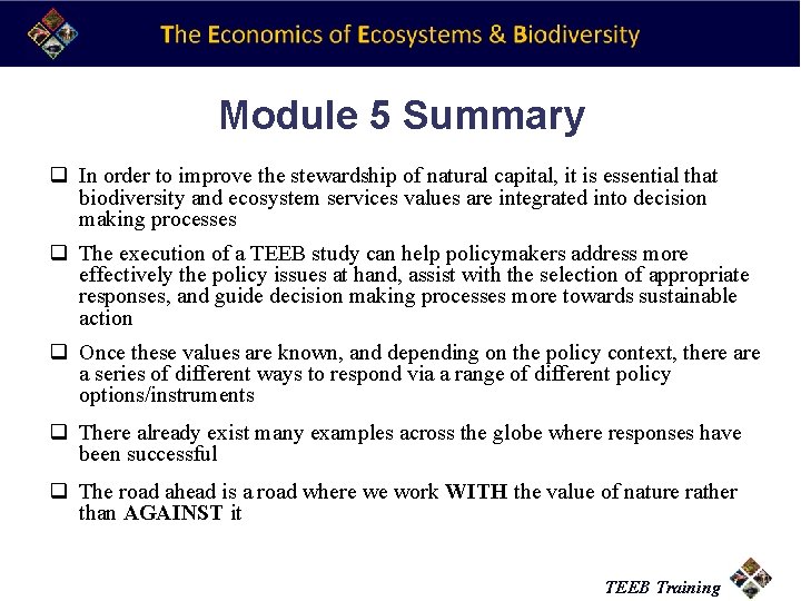 Module 5 Summary q In order to improve the stewardship of natural capital, it