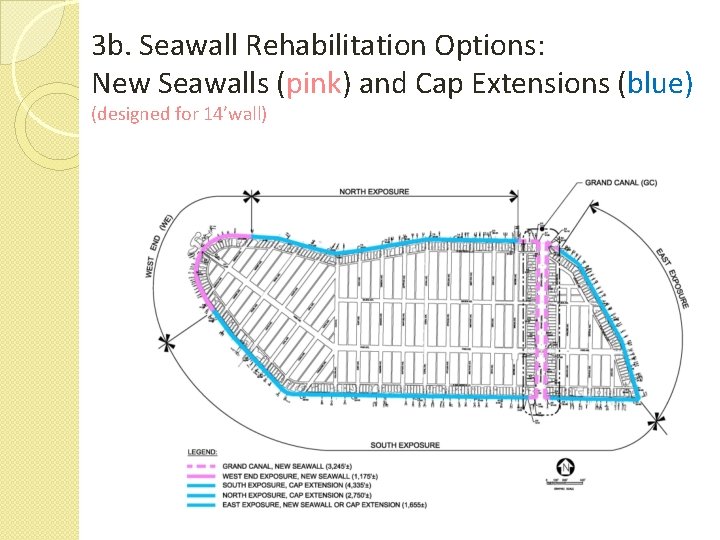 3 b. Seawall Rehabilitation Options: New Seawalls (pink) and Cap Extensions (blue) (designed for