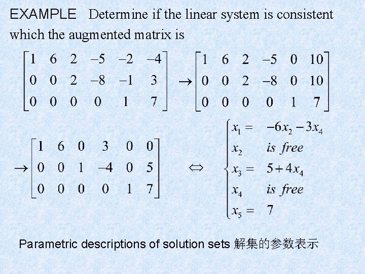EXAMPLE Determine if the linear system is consistent which the augmented matrix is Parametric EXAMPLE Determine if the linear system is consistent which the augmented matrix is Parametric
