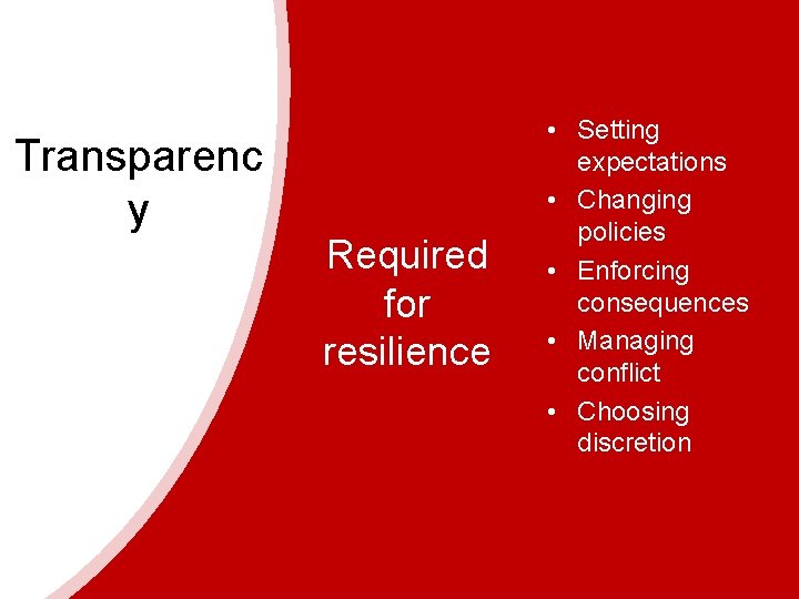 Transparenc y Required for resilience • Setting expectations • Changing policies • Enforcing consequences