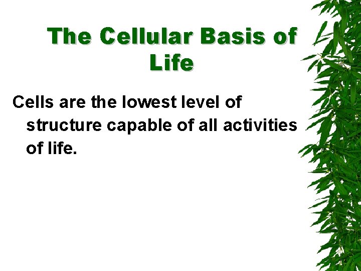 The Cellular Basis of Life Cells are the lowest level of structure capable of