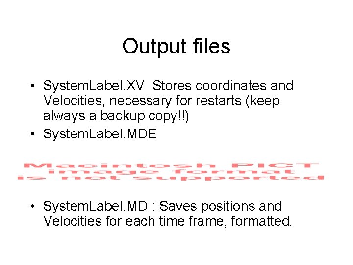 Output files • System. Label. XV Stores coordinates and Velocities, necessary for restarts (keep