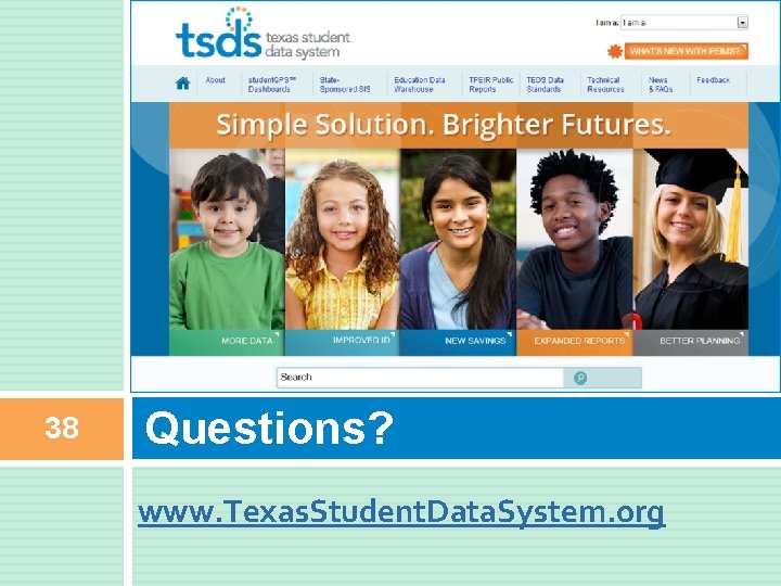 38 Questions? www. Texas. Student. Data. System. org 