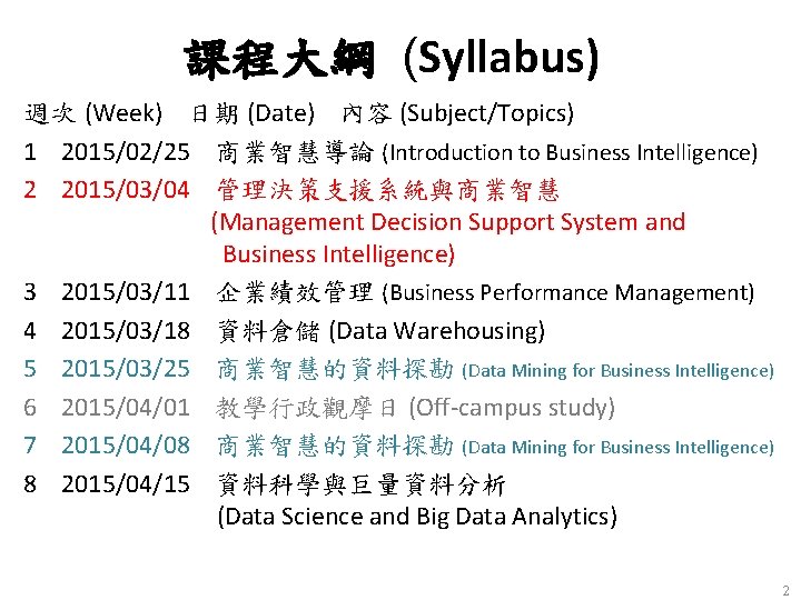 課程大綱 (Syllabus) 週次 (Week) 日期 (Date) 內容 (Subject/Topics) 1 2015/02/25 商業智慧導論 (Introduction to Business