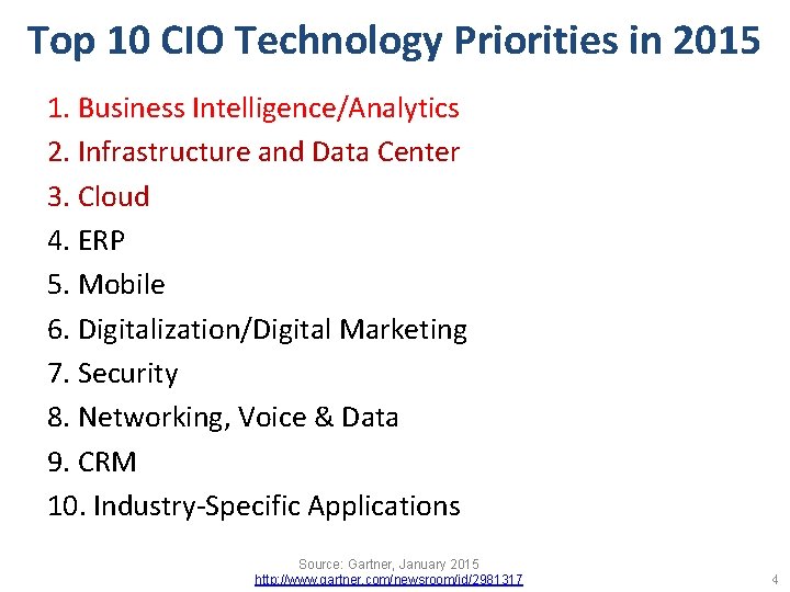 Top 10 CIO Technology Priorities in 2015 1. Business Intelligence/Analytics 2. Infrastructure and Data
