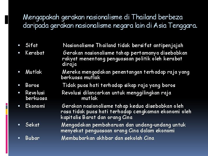 Mengapakah gerakan nasionalisme di Thailand berbeza daripada gerakan nasionalisme negara lain di Asia Tenggara.