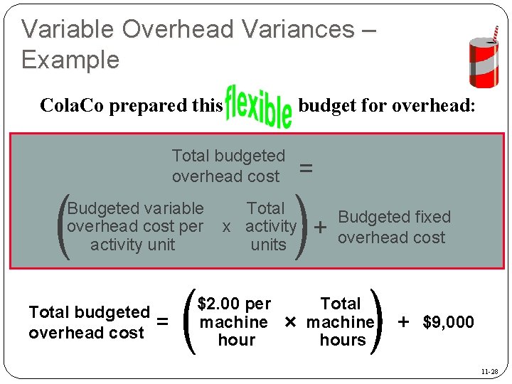 Variable Overhead Variances – Example Cola. Co prepared this budget for overhead: Total budgeted