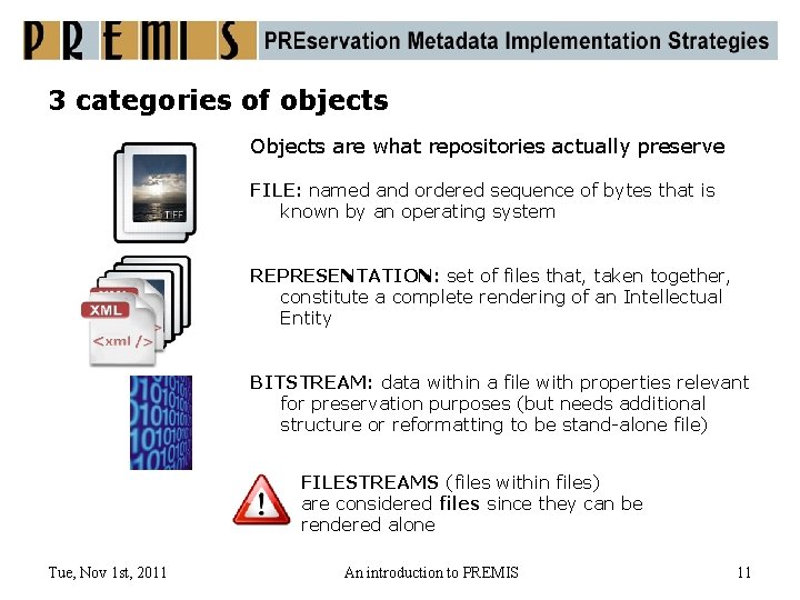 3 categories of objects Objects are what repositories actually preserve FILE: named and ordered