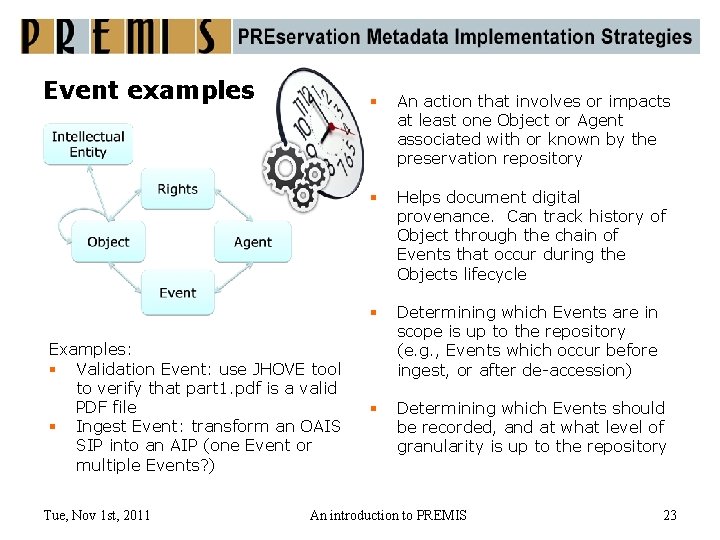 Event examples Examples: § Validation Event: use JHOVE tool to verify that part 1.