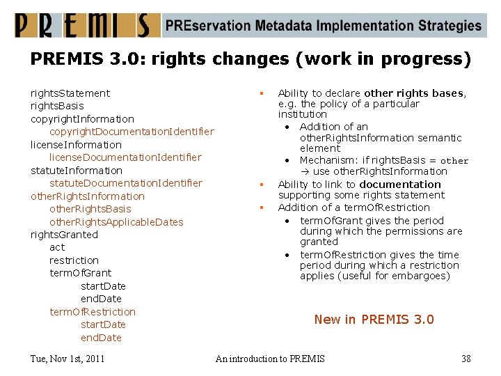 PREMIS 3. 0: rights changes (work in progress) rights. Statement rights. Basis copyright. Information