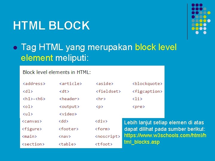 HTML BLOCK l Tag HTML yang merupakan block level element meliputi: Lebih lanjut setiap HTML BLOCK l Tag HTML yang merupakan block level element meliputi: Lebih lanjut setiap