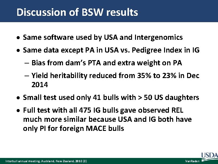 Discussion of BSW results Same software used by USA and Intergenomics Same data except