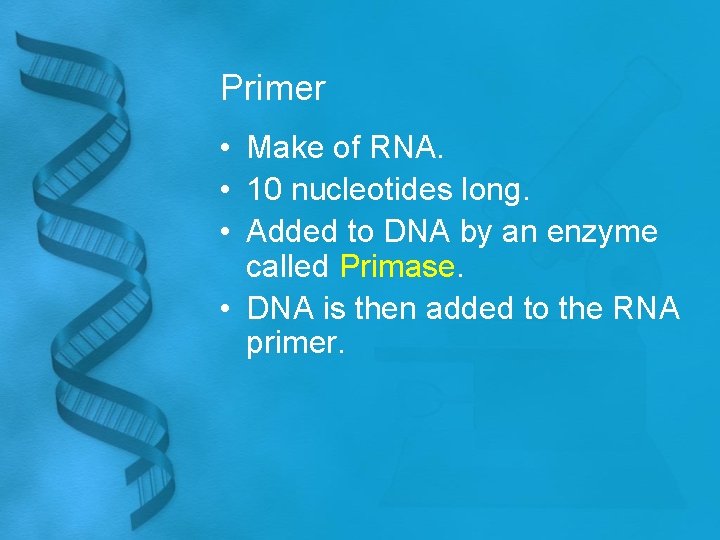 Primer • Make of RNA. • 10 nucleotides long. • Added to DNA by