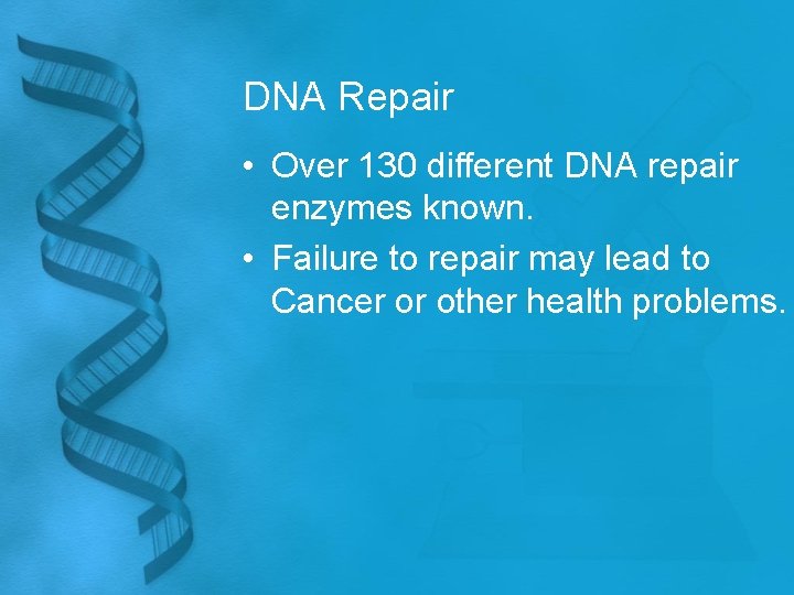 DNA Repair • Over 130 different DNA repair enzymes known. • Failure to repair