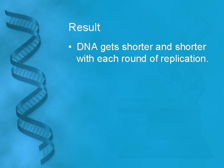 Result • DNA gets shorter and shorter with each round of replication. 