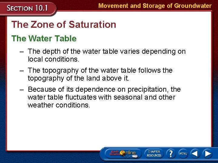 Movement and Storage of Groundwater The Zone of Saturation The Water Table – The Movement and Storage of Groundwater The Zone of Saturation The Water Table – The