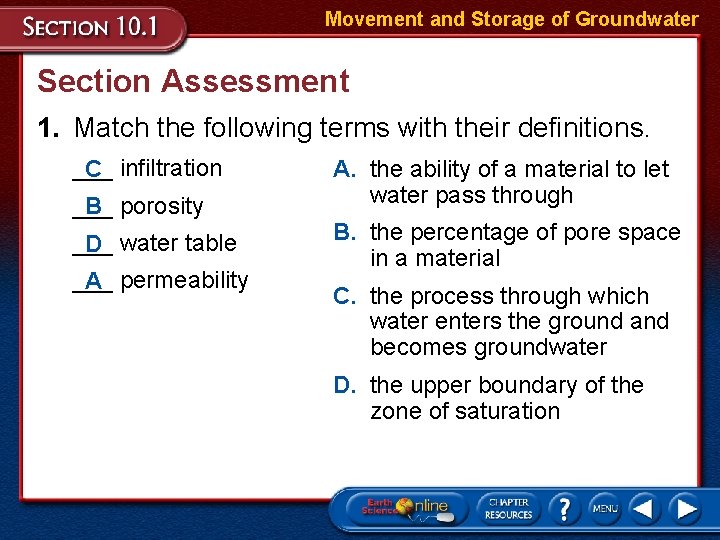Movement and Storage of Groundwater Section Assessment 1. Match the following terms with their Movement and Storage of Groundwater Section Assessment 1. Match the following terms with their