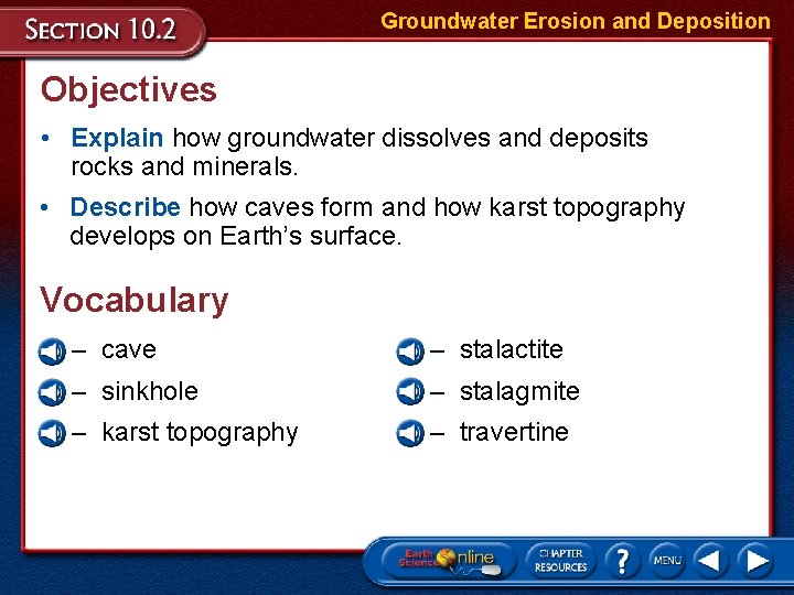 Groundwater Erosion and Deposition Objectives • Explain how groundwater dissolves and deposits rocks and Groundwater Erosion and Deposition Objectives • Explain how groundwater dissolves and deposits rocks and