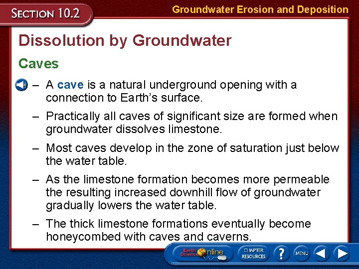 Groundwater Erosion and Deposition Dissolution by Groundwater Caves – A cave is a natural Groundwater Erosion and Deposition Dissolution by Groundwater Caves – A cave is a natural