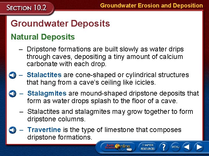 Groundwater Erosion and Deposition Groundwater Deposits Natural Deposits – Dripstone formations are built slowly Groundwater Erosion and Deposition Groundwater Deposits Natural Deposits – Dripstone formations are built slowly