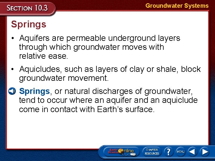 Groundwater Systems Springs • Aquifers are permeable underground layers through which groundwater moves with Groundwater Systems Springs • Aquifers are permeable underground layers through which groundwater moves with