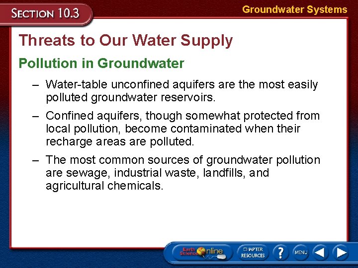 Groundwater Systems Threats to Our Water Supply Pollution in Groundwater – Water-table unconfined aquifers Groundwater Systems Threats to Our Water Supply Pollution in Groundwater – Water-table unconfined aquifers