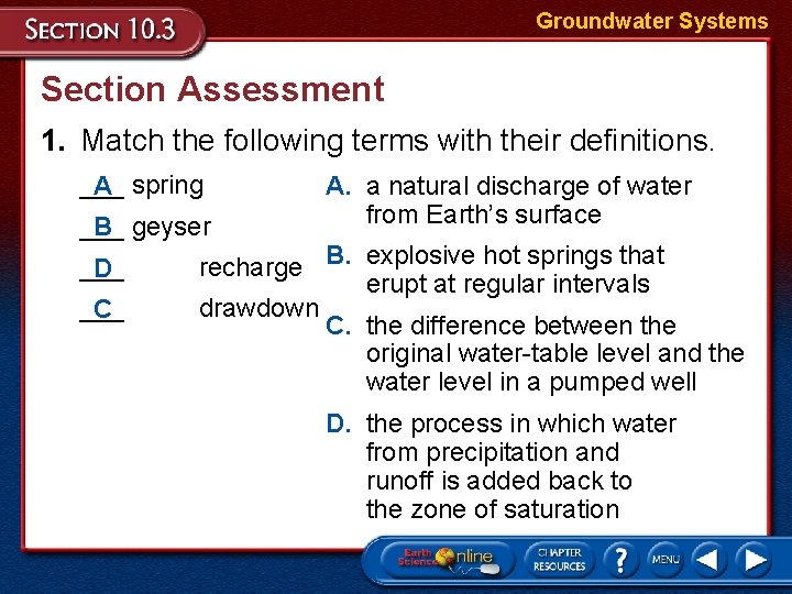 Groundwater Systems Section Assessment 1. Match the following terms with their definitions. ___ A Groundwater Systems Section Assessment 1. Match the following terms with their definitions. ___ A