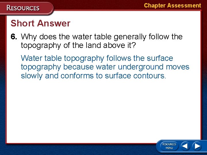 Chapter Assessment Short Answer 6. Why does the water table generally follow the topography Chapter Assessment Short Answer 6. Why does the water table generally follow the topography