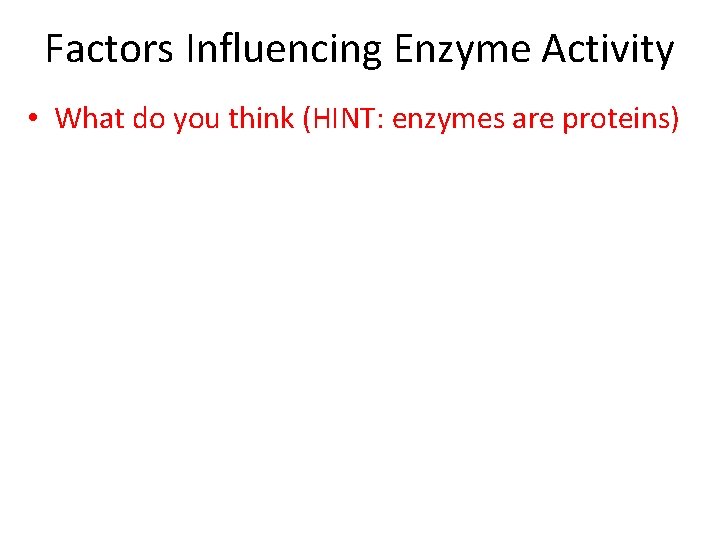 Factors Influencing Enzyme Activity • What do you think (HINT: enzymes are proteins) 