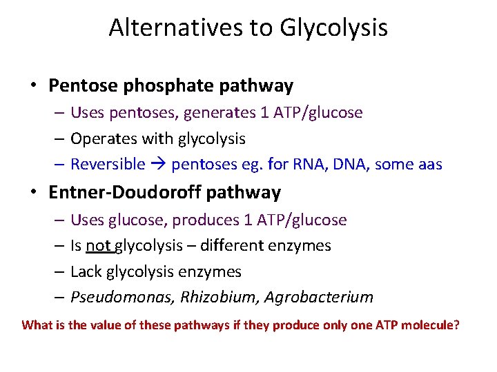 Alternatives to Glycolysis • Pentose phosphate pathway – Uses pentoses, generates 1 ATP/glucose –