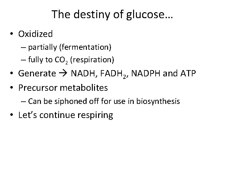 The destiny of glucose… • Oxidized – partially (fermentation) – fully to CO 2