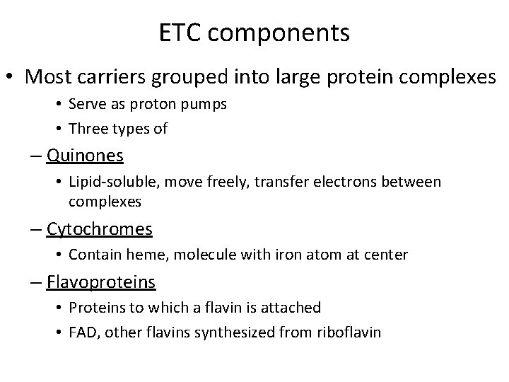 ETC components • Most carriers grouped into large protein complexes • Serve as proton