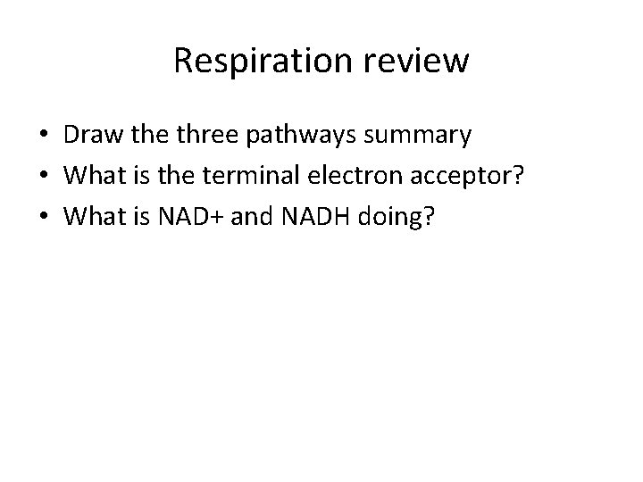 Respiration review • Draw the three pathways summary • What is the terminal electron