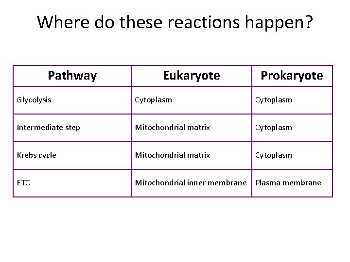 Where do these reactions happen? Pathway Eukaryote Prokaryote Glycolysis Cytoplasm Intermediate step Mitochondrial matrix